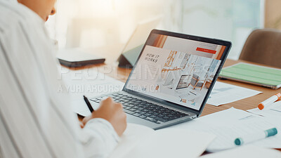 Buy stock photo Laptop screen, tutorial and writing with business person at in office for ideas or online research. Information, notes and publication with employee reading how it works article on computer at desk