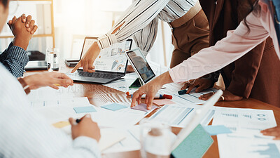 Buy stock photo Business people, hands and planning in meeting, documents and laptop with creative project. Group, employees and workers in office, report for proposal and stats for sales, brainstorming and research