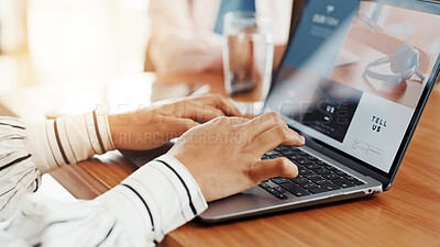 Buy stock photo Laptop, hands and research with business person in office for website UI, plan and email marketing. Startup newsletter, schedule and project progress with employee at screen for network and update