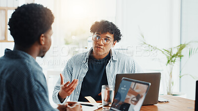 Buy stock photo Planning, laptop and teamwork with business people in office for magazine editor, research and pitch. Schedule article, newsletter layout and project with employees in media agency for partner