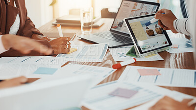 Buy stock photo Business, people and meeting with tablet in office for planning, reminder and information on proposal. Staff, screen and writing notes for sales presentation, launch schedule and research report