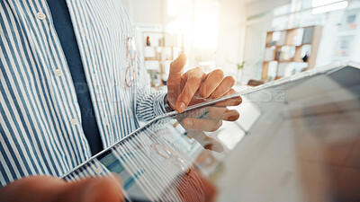 Buy stock photo Tablet, hands and research with business person in office for website UI, plan and email marketing. Startup newsletter, schedule and project progress with closeup of employee for network and update