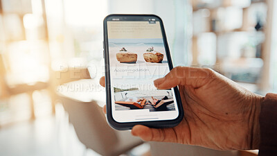 Buy stock photo Person, hands and website with phone screen for accommodation, holiday or vacation trip. Closeup, customer and scrolling in office with smartphone for online booking, coupon or travel article review