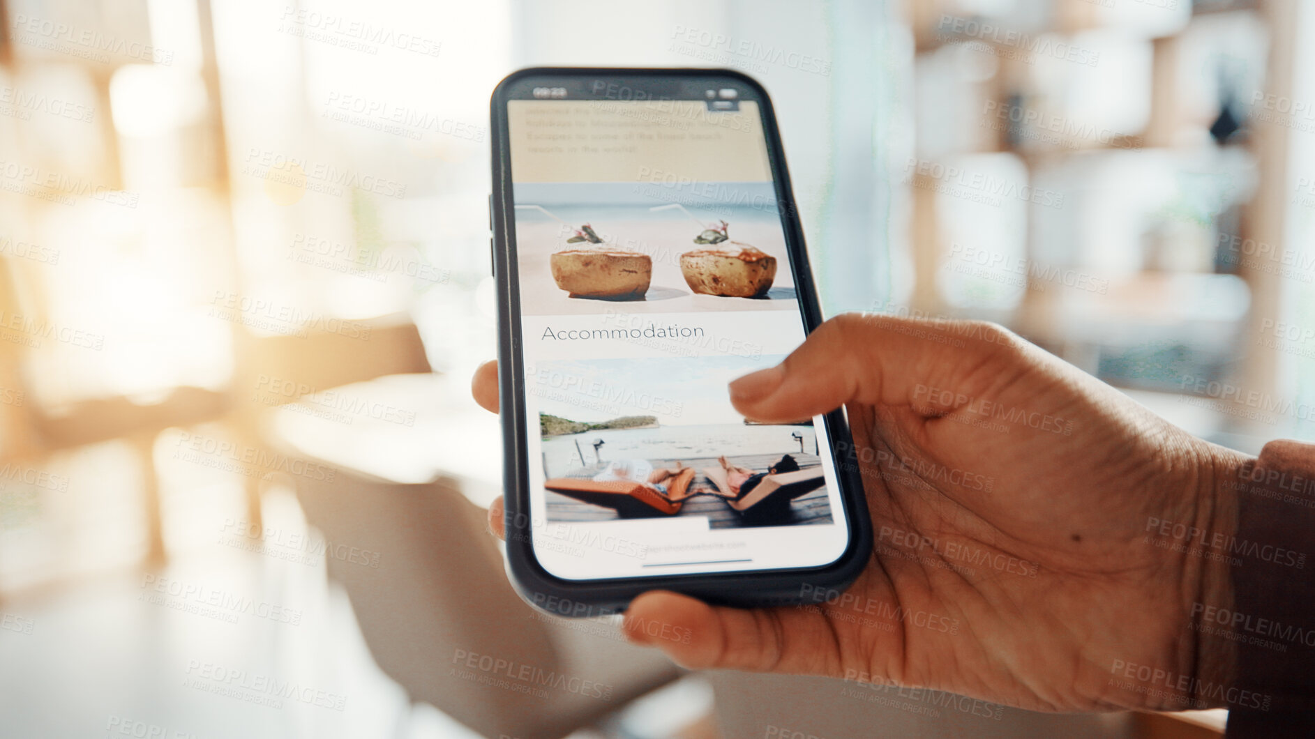 Buy stock photo Person, hands and website with phone screen for accommodation, holiday or vacation trip. Closeup, customer and scrolling in office with smartphone for online booking, coupon or travel article review