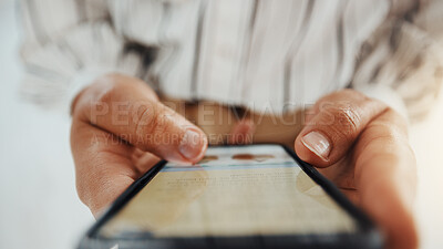 Buy stock photo Screen, hands and businesswoman in office with phone for message, copywriting and email. Closeup, person or journalist in workplace with mobile subscription for online magazine, blog or digital app