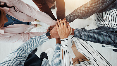 Buy stock photo Stack of hands, support and business people in office with teamwork, collaboration or unity. Trust, top view and group of corporate employees in huddle for solidarity, motivation or meeting together.