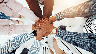 Buy stock photo Stack of hands, teamwork and business people in office with support, collaboration or unity. Trust, top view and group of corporate employees in huddle for solidarity, motivation or meeting together.
