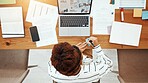 Business, woman and writing notes in office for planning, reminder and information on smart product. Above, female person and laptop screen for sales presentation, launch schedule and research report