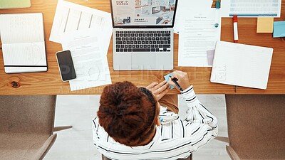Buy stock photo Business, woman and writing notes in office for planning, reminder and information on smart product. Above, female person and laptop screen for sales presentation, launch schedule and research report