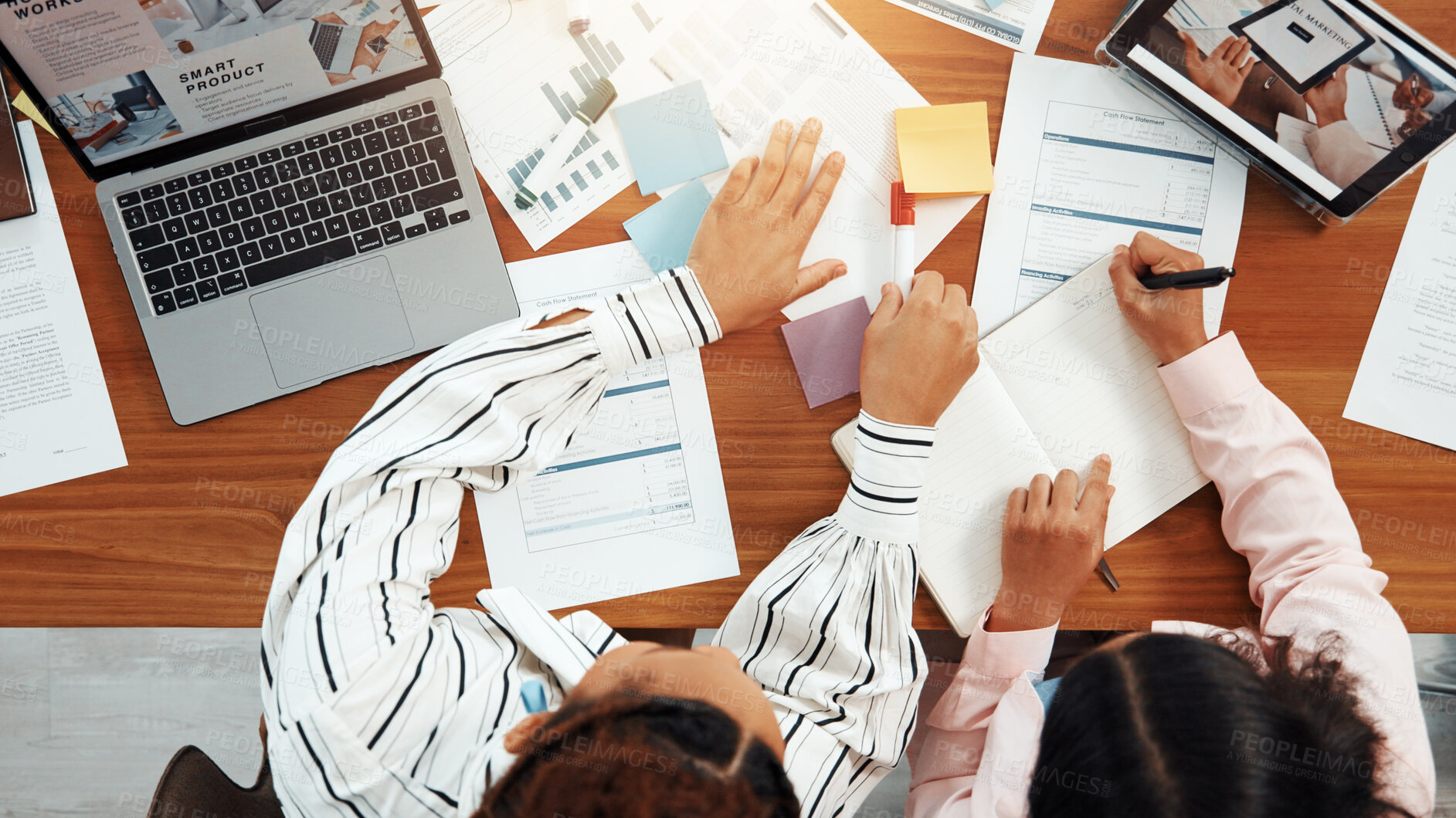 Buy stock photo Teamwork, research and documents with business people in office for meeting, schedule or update. Budget report, project progress and paperwork with above of employees for review and planning