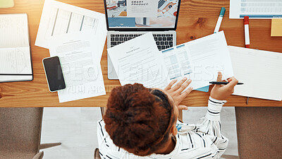 Buy stock photo Business, woman and reading documents in office with contract, B2B agreement information. Above, female person and legal paperwork for partnership form, terms and conditions of onboarding application