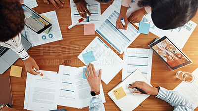 Above, business people and discussion in meeting with graphs, data analysis and feedback. Teamwork, collaboration and documents for project, research and tech for chart review with paperwork or notes