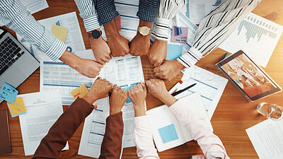 Buy stock photo Team, fist bump and documents with hands of business people for meeting, account agreement and synergy. Budget performance, chart growth and solidarity with above of employees for support and partner