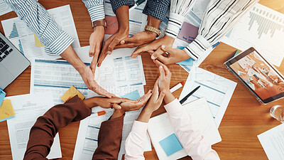 Buy stock photo Circle, hands together and documents with business people in office for meeting, agreement and synergy. Budget performance, paperwork and solidarity with above of employees for support and team