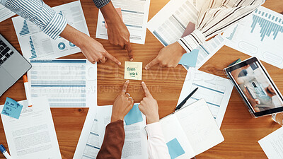 Buy stock photo Teamwork, pointing and documents with hands of business people for meeting, sticky note and synergy. Budget performance, partnership and solidarity with above of employees for support and planning