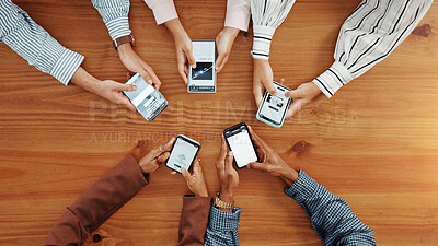 Buy stock photo Phone screen, hands and group of business people with top view for network, share results or info. Mobile, above and team of workers in circle with research for ai website, internet and online app