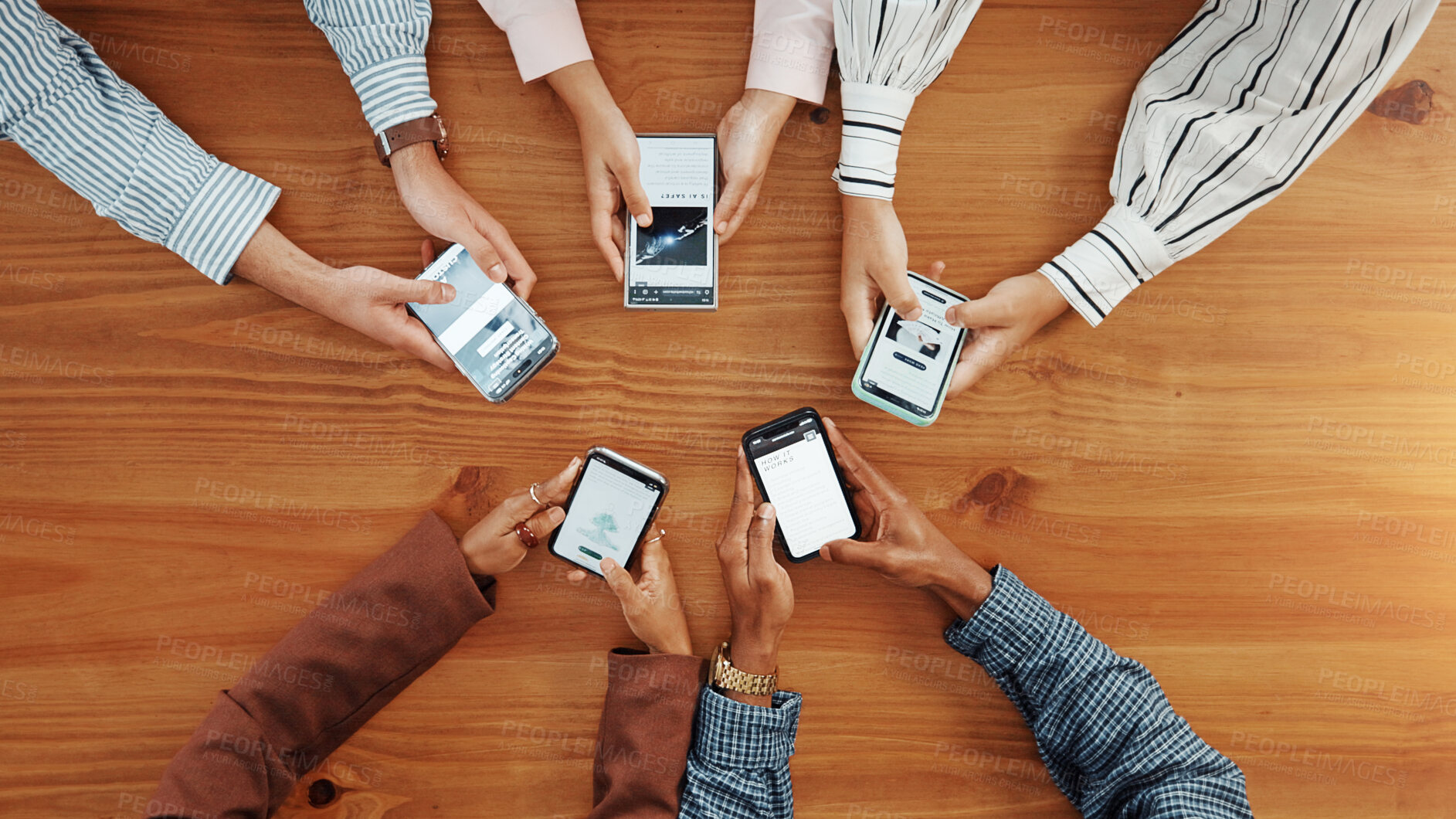 Buy stock photo Phone screen, hands and group of business people with top view for network, share results or info. Mobile, above and team of workers in circle with research for ai website, internet and online app