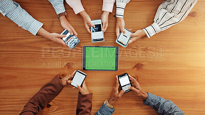 Buy stock photo Business people, hands and tablet with phone above for advertising or marketing on wooden table. Top view, group or employees with technology screen or mobile smartphone for data sync on mockup space
