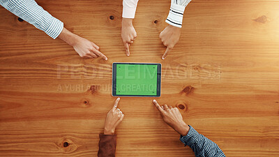 Buy stock photo Green screen, tablet and hands of business people pointing in office for research, email or networking. Chroma key, mockup space and corporate employees with digital technology for communication.