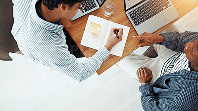 Buy stock photo Planning, notebook and team with above of business people for sticky note, research and task reminder. Schedule, checklist and project update with employees in media agency for partnership and record
