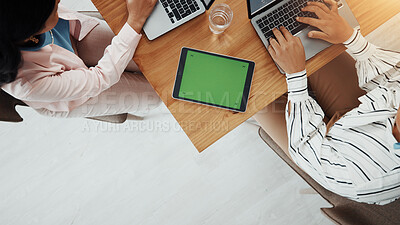 Buy stock photo Green screen, coworkers and people with tablet for project, office or copywriting of article on web. Mockup, copywriter and colleagues with tech for ad campaign, above and laptop for email marketing