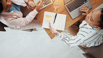 Buy stock photo Planning, laptop and notebook with business people in office for meeting, schedule or task update. Budget report, project progress and collaboration with above of employees for review and team space