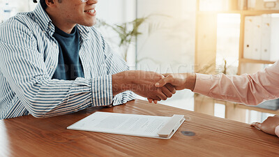 Buy stock photo Contract, business people and interview with handshake for hiring, meeting or agreement together at office. Shaking hands, man and smile with paperwork for b2b deal, recruiting or partnership