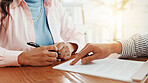 Business people, meeting and paperwork with signature for contract, agreement or policy at office. Hands, accountant and financial advisor with client document for legal deal, loan or settlement