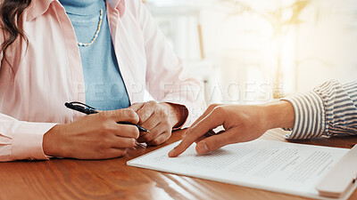 Buy stock photo Business people, meeting and paperwork with signature for contract, agreement or policy at office. Hands, accountant and financial advisor with client document for legal deal, loan or settlement