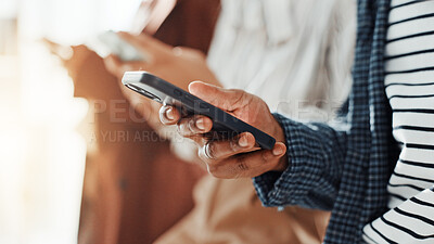 Buy stock photo Business people, hands and research with phone in waiting room for career opportunity or job search. Person, employee or candidates with mobile smartphone in row or line for interview or online app