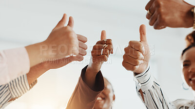 Buy stock photo Business people, hands and team with thumbs up for good job, well done or feedback in office. Group, employees or agreement with like emoji, yes sign or OK for review, success or mission in workplace