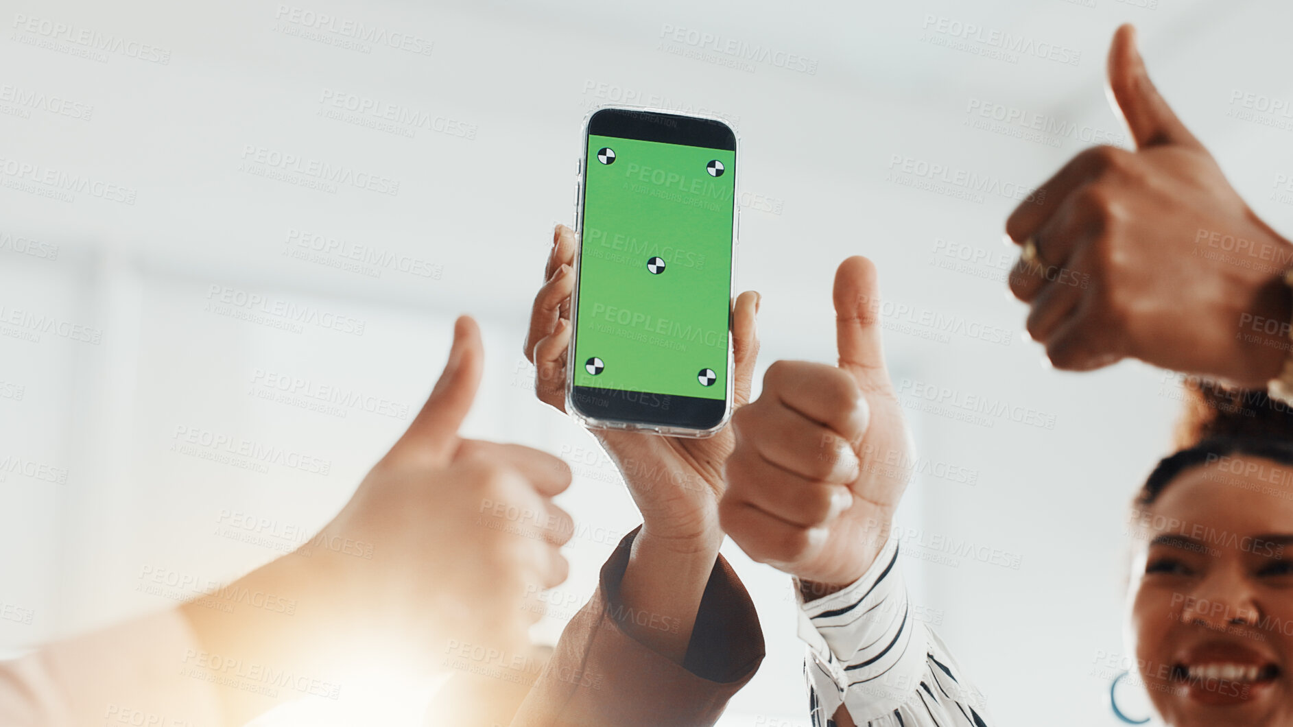 Buy stock photo Business people, hands and thumbs up with phone screen for new app, promotion or advertising. Group, employees or mobile smartphone display with like emoji or yes sign for marketing on mockup space