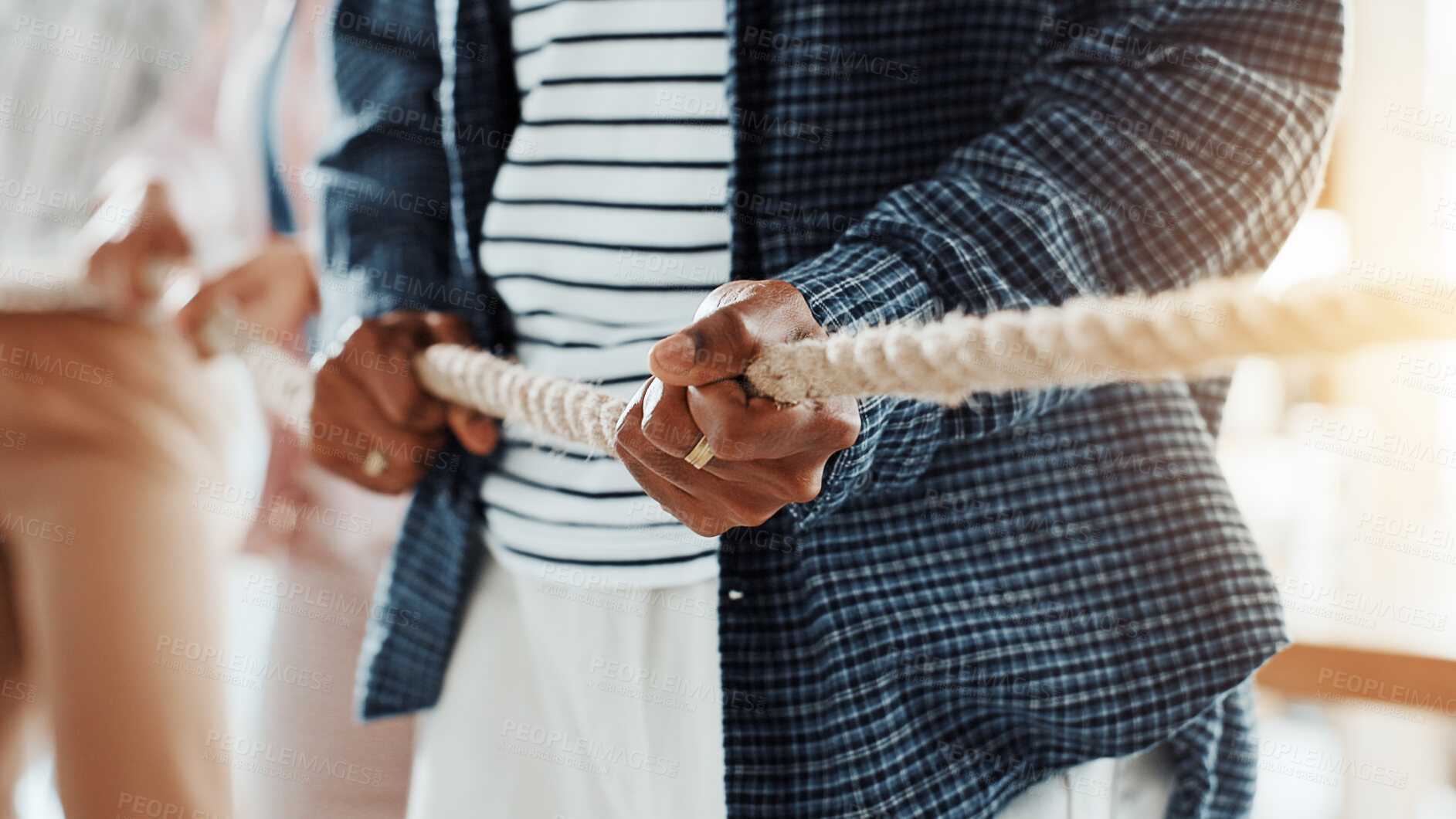 Buy stock photo Tug of war, rope and businessman in office for game, opposition or challenge in legal case. Power, struggle and hands of male lawyer with activity for battle, fight or competition for job promotion.