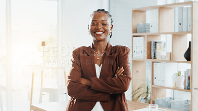 Buy stock photo Portrait, business and black woman with arms crossed, smile and copywriting with confident personality. African person, pride and employee in modern office, journalist and creative with happiness