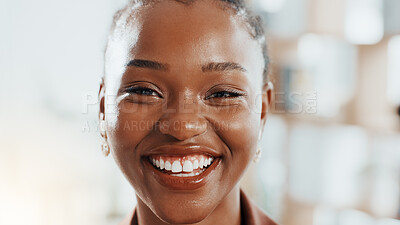 Buy stock photo Smile, professional and portrait of black woman in office with confidence for creative career. Happy, pride and face of African female editor from Kenya with internship for job development at agency.