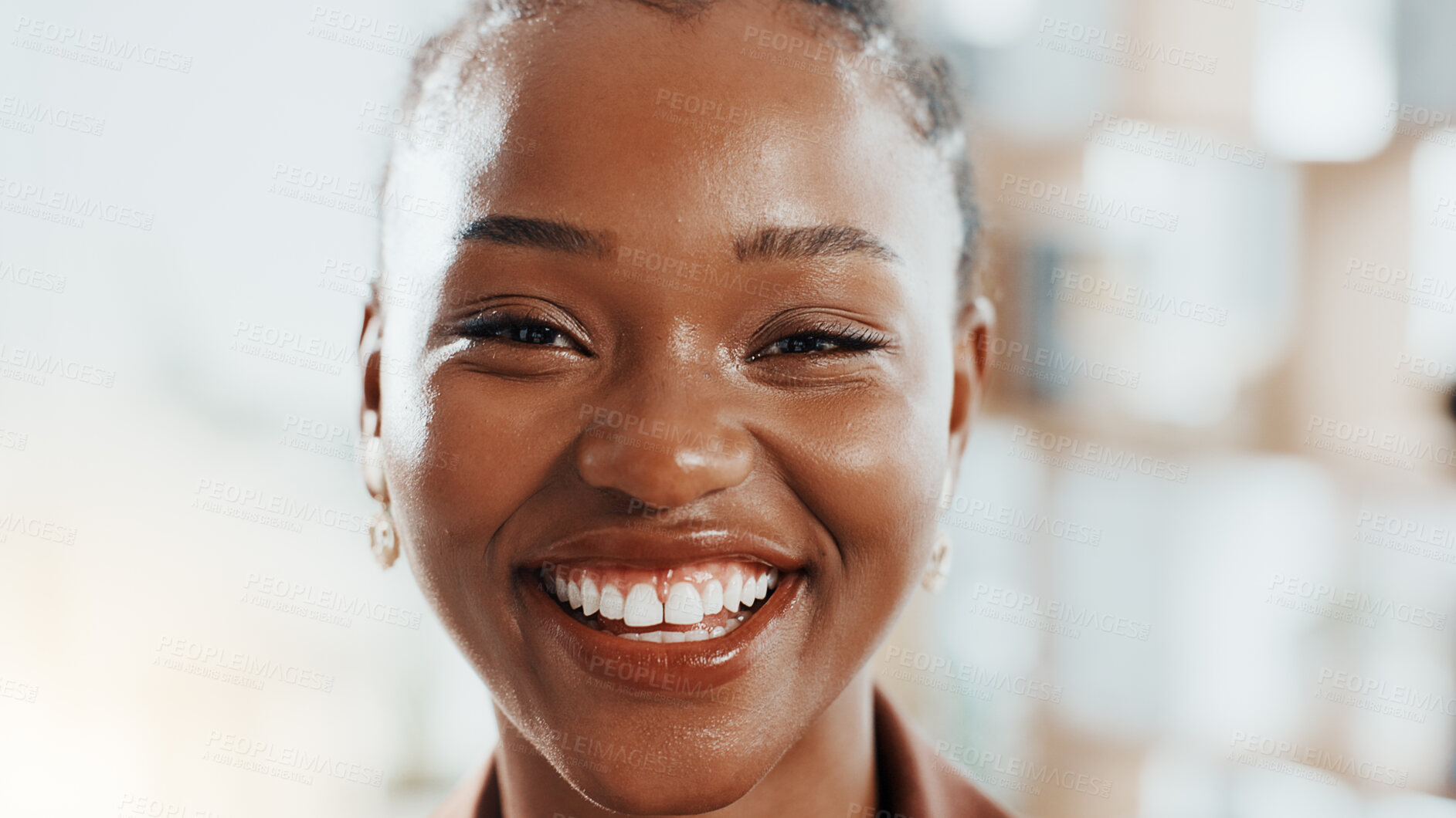 Buy stock photo Smile, professional and portrait of black woman in office with confidence for creative career. Happy, pride and face of African female editor from Kenya with internship for job development at agency.