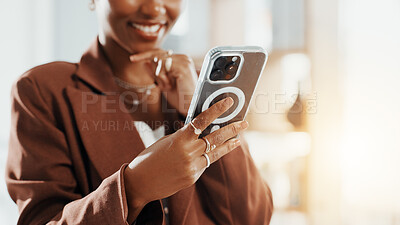 Buy stock photo Business, hands and woman with smile, cellphone and message to contact, copywriting and email. Closeup, person and journalist with app, smartphone or subscription for online magazine or social media