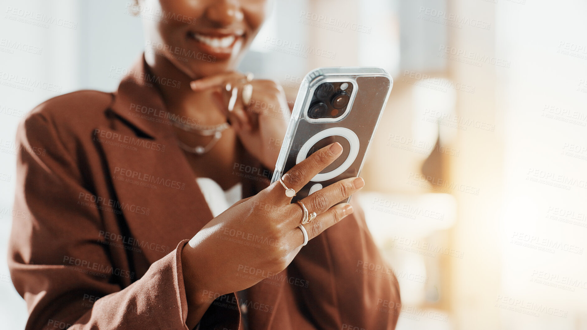 Buy stock photo Business, hands and woman with smile, cellphone and message to contact, copywriting and email. Closeup, person and journalist with app, smartphone or subscription for online magazine or social media