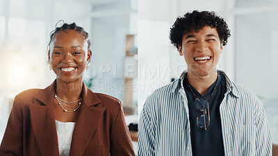 Buy stock photo Portrait, office and business people with collage, confidence or smile in creative agency. Happiness, about us and proud employee in administration for staff, team and career ambition in workplace