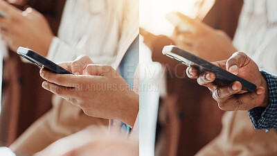 Buy stock photo Business, hands and people with phone on multiscreen for hiring, online app and HR info. Mobile, group and workers in waiting room for network, research and recruitment with split screen in collage
