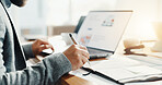 Hands, book and writing with laptop at office for review, planning and scroll for project management. Person, notes and computer with feedback, proposal and scroll for solution at insurance agency