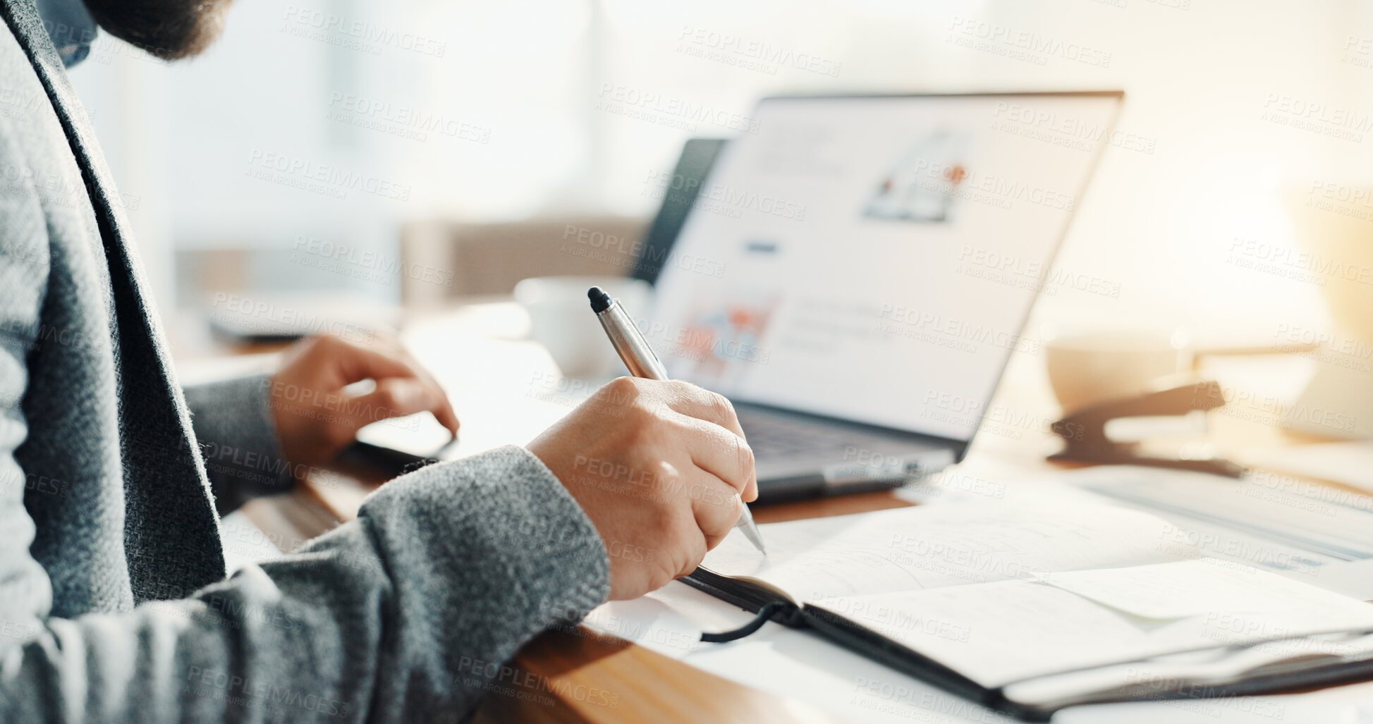 Buy stock photo Hands, book and writing with laptop at office for review, planning and scroll for project management. Person, notes and click computer with feedback, problem solving and solution at insurance agency