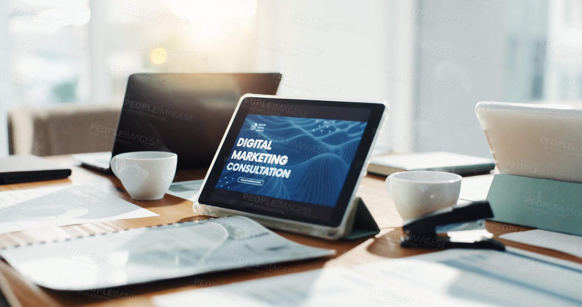 Buy stock photo Empty office, tablet and screen for digital marketing, consultation and documents at media company. Tech, touchscreen and ui with paperwork, furniture and virtual display with application at agency