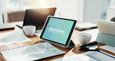 Buy stock photo Empty office, tablet and screen for innovation, tech and documents for futuristic web development. Workplace, touchscreen and ui with paperwork for virtual display with application at IT agency
