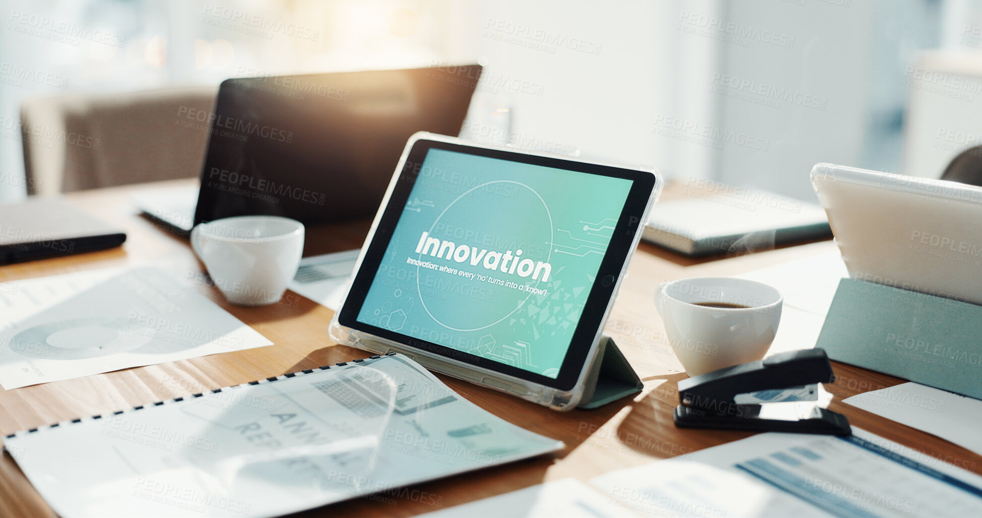 Buy stock photo Empty office, tablet and screen for innovation, tech and documents for futuristic web development. Workplace, touchscreen and ui with paperwork for virtual display with application at IT agency