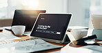 Empty office, tablet and screen for job search website with user experience, web and recruitment app. Workplace, touchscreen and computer with paperwork, furniture and virtual display at HR company