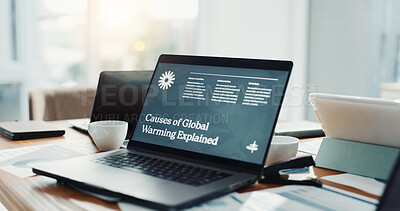 Buy stock photo Global warming, screen and laptop on desk in office for website, information and research. Business, empty and computer with online article for environmental causes, climate change and conservation