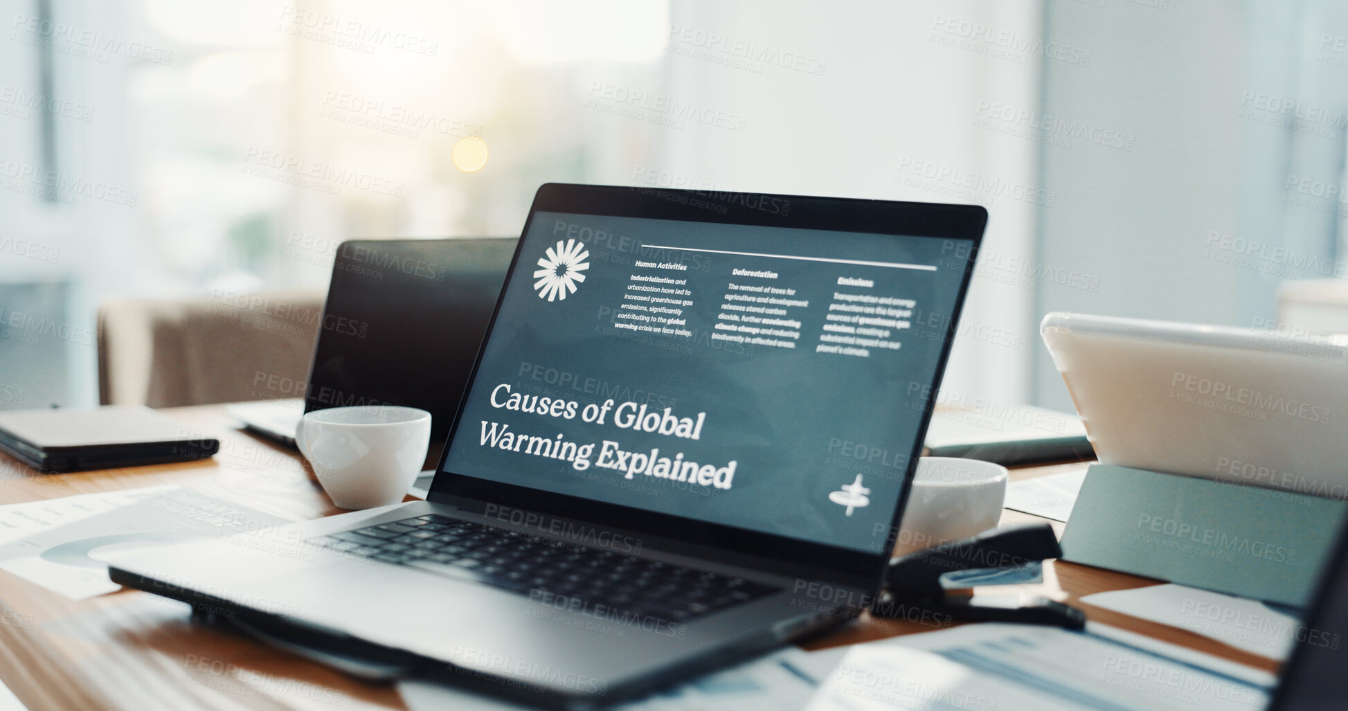Buy stock photo Global warming, screen and laptop on desk in office for website, information and research. Business, empty and computer with online article for environmental causes, climate change and conservation