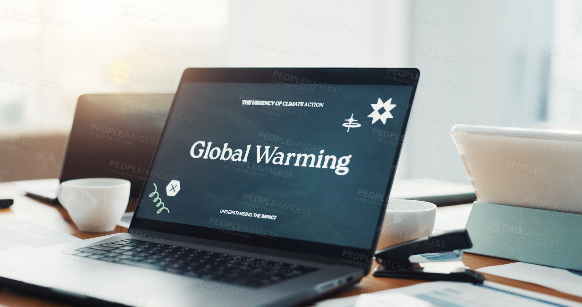 Buy stock photo Global warming, laptop screen and computer on desk in office for website, information or research. Business, empty and tech with online article for environmental cause, climate change or conservation