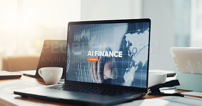 Buy stock photo Empty office, laptop and screen for ai, finance and research with futuristic solution for fintech. Display, computer and workplace with artificial intelligence for global banking system at agency